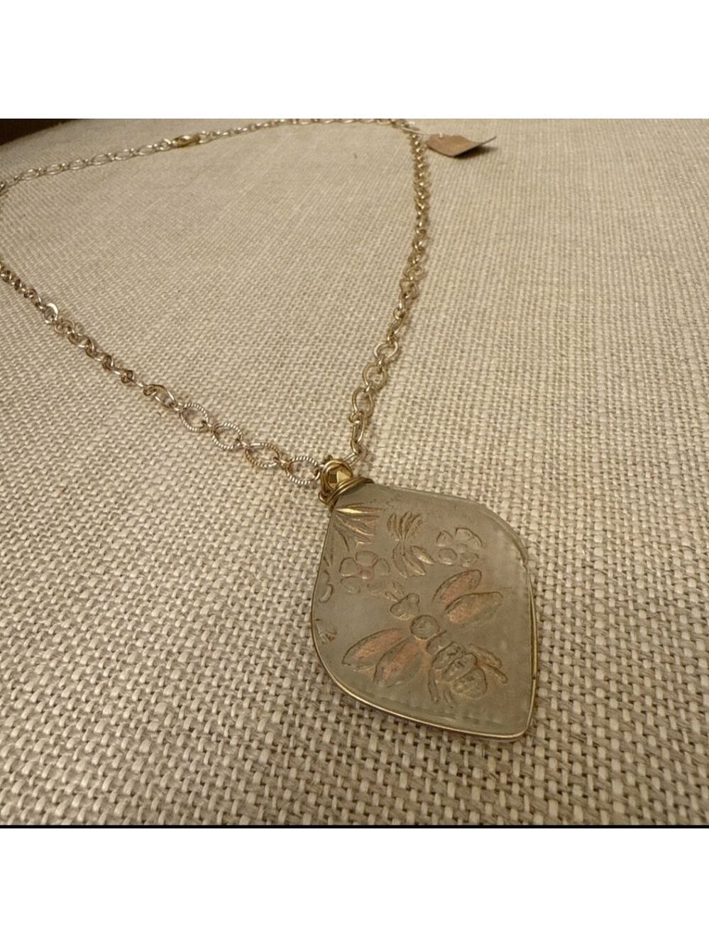 NWT Necklace Artisan Sea Glass Pendant Bumble Bee Boho Long Gold Chain New